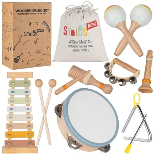 Stoies Wooden Toddler Musical Instruments with Xylophone Maracas Triangle Tamburine for Babies and Kids Eco Friendly Montessori Educational Toy