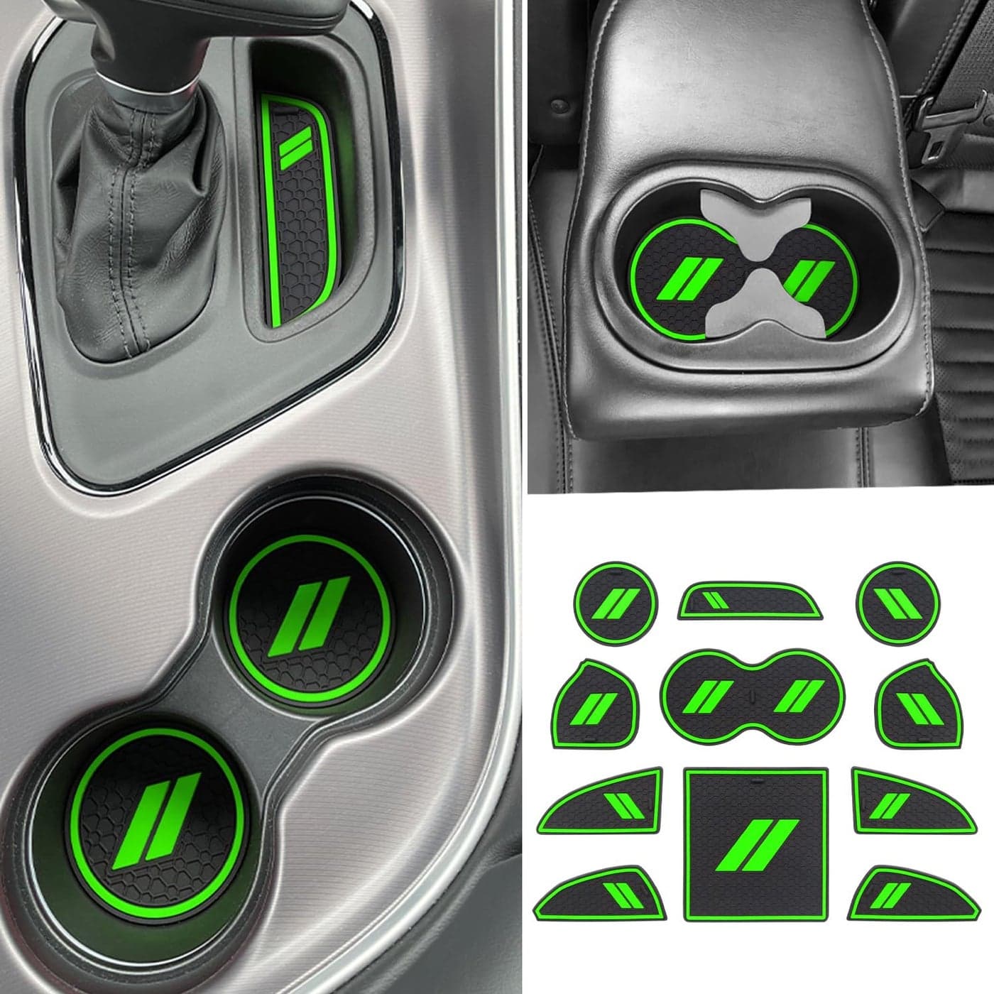 REMOCH for Dodge Challenger Accessories 20152024 Custom Fits Cup Holder Insert Antidust Mats Door Pocket Center Console LinersGreen Trim 11 PCS Set