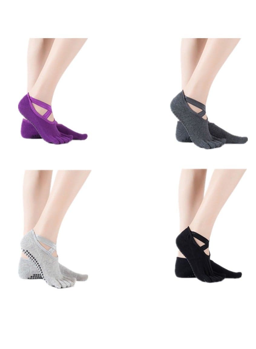 4 Pairs Yoga Socks for Women with Grips, Non-Slip Five Toe Socks for Pilates, Barre, Ballet, Fitness