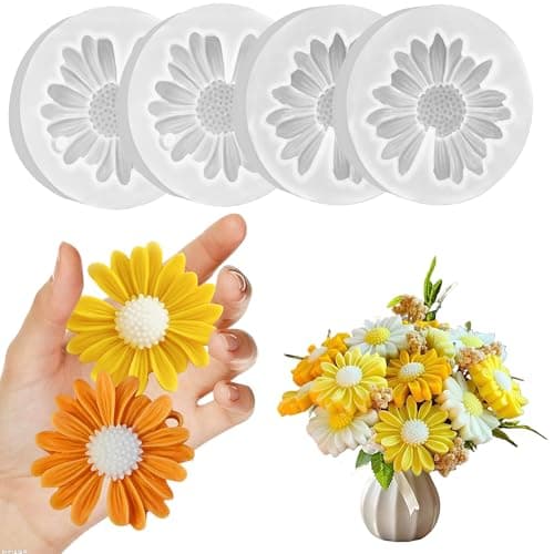 4 Pcs Daisy Flower Candle Molds Silicone Molds for Candles Making 3D Flowers Shape Decorating Mold for Fondant Soap Chocolate Cake DIY Wax Epoxy Resin Moulds for Clay Craft