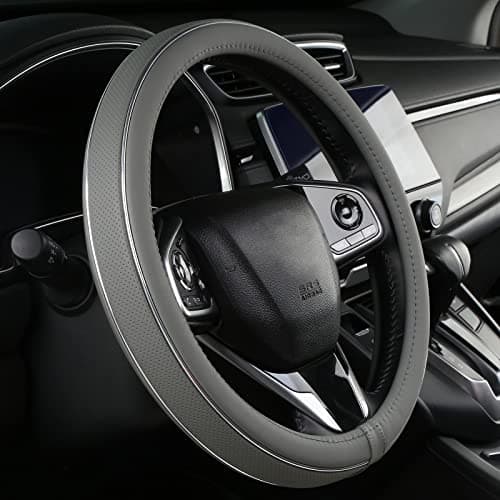 ALEMODR Gray Leather Steering Wheel Cover Silver Fiber Strip Car Steering Wheel Cover Universal 15 inch for Men