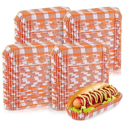 Yinkin 300 Pcs Paper Hot Dog Trays Halloween 6 Inch Food Trays Concession Stand Supplies Disposable Hot Dog Holder Paper Hotdog Boats Rectangular Fluted Liners for Christmas Party