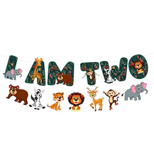 Festiko® 1 Pc I Am Two Jungle Theme Banner, Jungle Theme 2nd Birthday Supplies, Jungle Theme I Am Two Decoration, Jungle Safari Theme Decorations