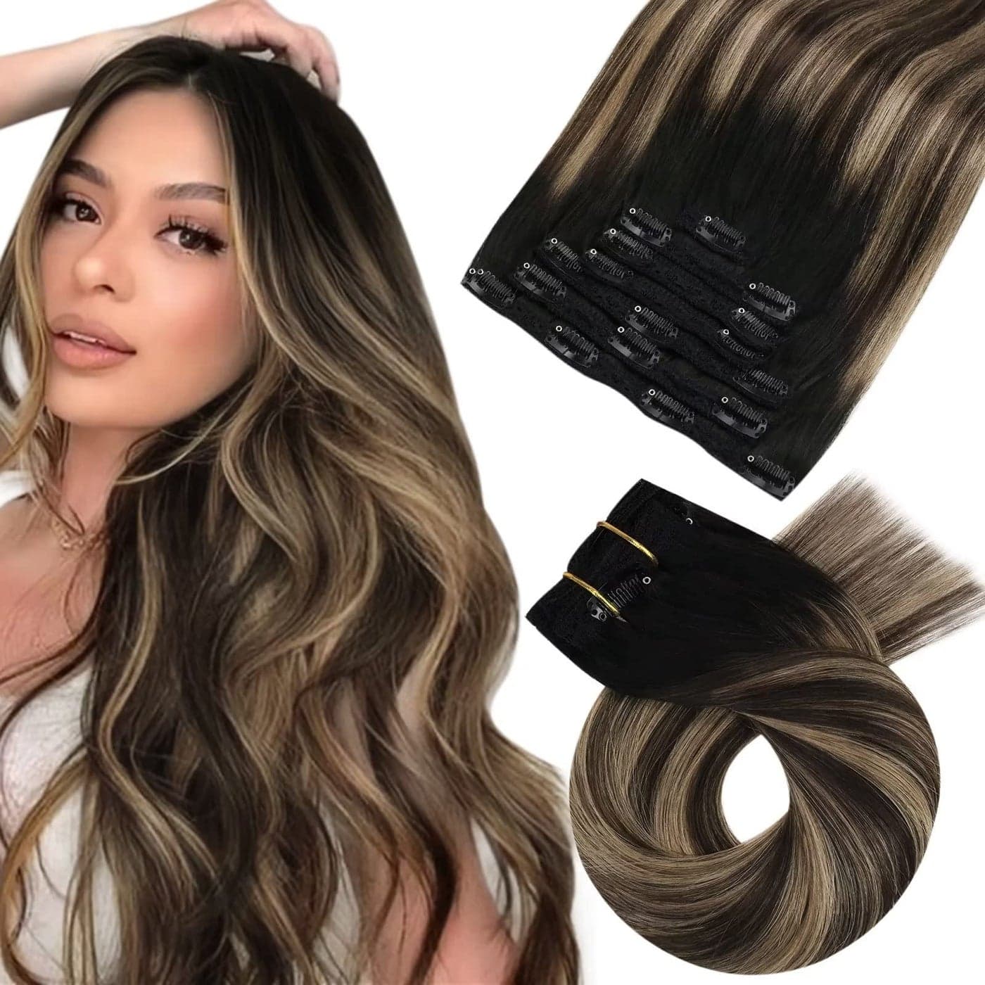 Moresoo Clip in Hair Extensions Ombre Black to Blonde with Brown Human Hair Clip in Extensions Real Human Hair Balayage Natural Black to Caramel Blonde with Brown for Women Full Head 120g7pcs 16in