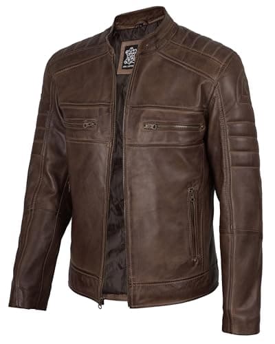 fjackets Cafe Racer Leather Jacket for Mens motorcycle leather jacket men Austin Coffee Brown Leather Jacket 1115483 M