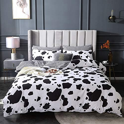 Kid Cartoon Bedding Set Cow Print Duvet Cover Black White Comforter Cover Milk Cow Animal Bedspreads Cover 3 Pcs Full Size, Reversible Plaid Grid Toddler Teen Boys Girls Room Decor,