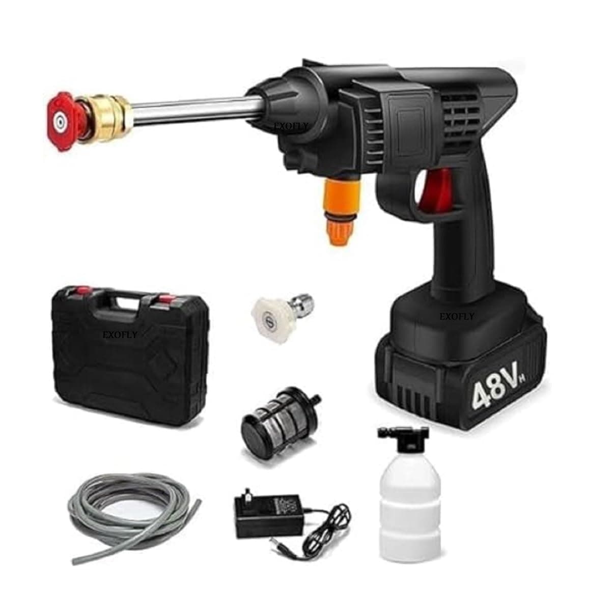 EXOFLY Wireless High Pressure Washer for Car Washing 48V Rechargeable Electric Pressure Washer Gun Machine Tool for Bike Cleaning Gardening with Adjustable 3 in 1 Nozzle and 5M Hose PipeWasher Kit