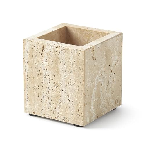 Real Natural Travertine Marble Toothbrush Holder & Pen Holder & Makeup Brush Holder & Utensil Holder, Genuine Stone Rectangular Bathroom Tumbler Cup, Durable Office & Home Countertop Organizer