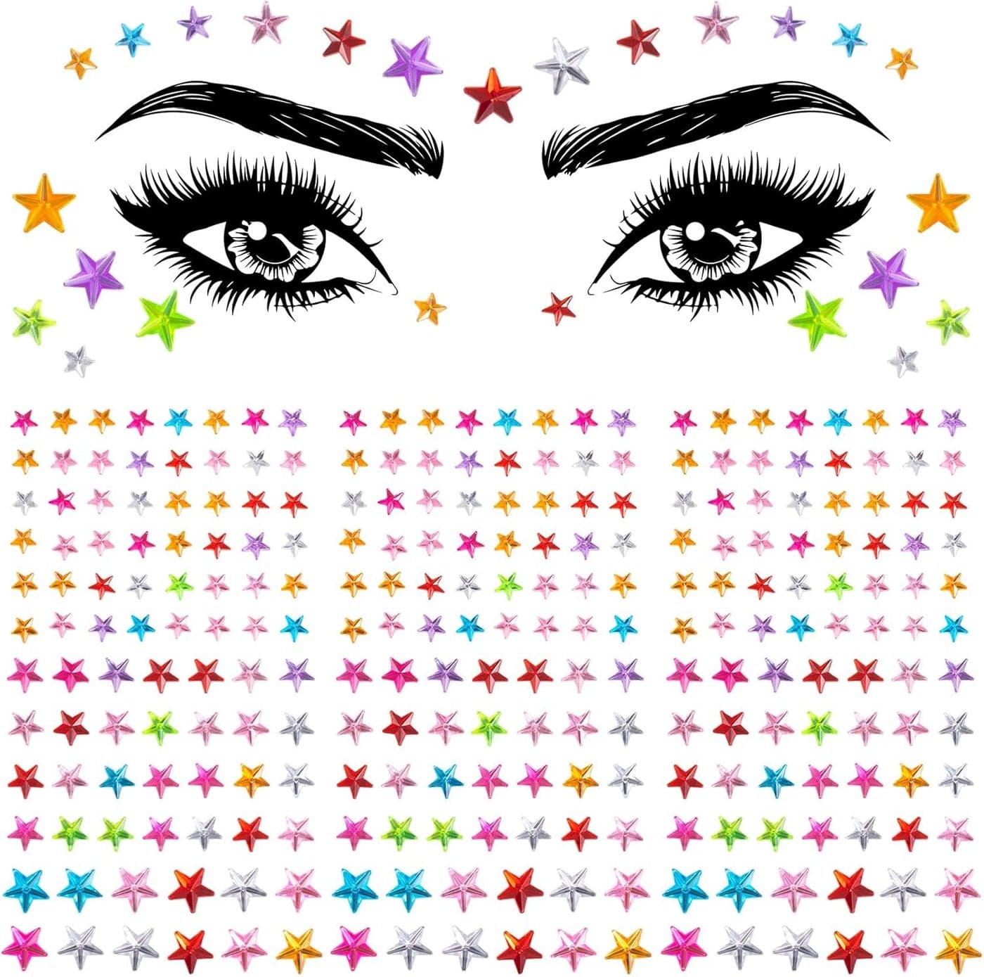 OIIKI 4 Sheets Colorful Star Face Gems Stickers, 3 Sizes Face Eye Rhinestones Makeup Stickers, Crystal Acrylic Face Jewels for Women, Rave Accessories for Parties, Festival, Daily Use