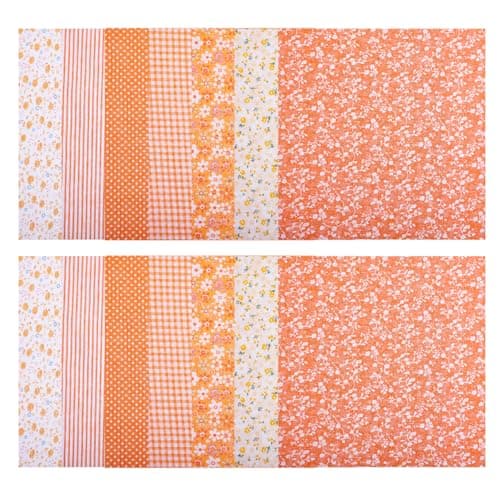 2 Packs Linen Fabric for Clothing Knit Fabric DIY Crafts Printed Linen Fat Quarters Bundles Orange Quilting Squares DIY Cloth Flower Pattern Flowers