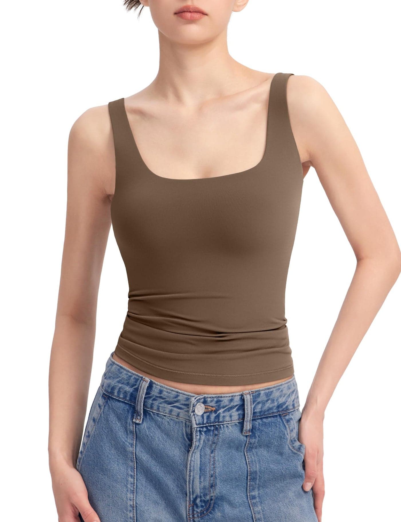 PUMIEY Tank Top for Women Square Neck Sleeveless Basic Workout Tank Tops, Mocha Small