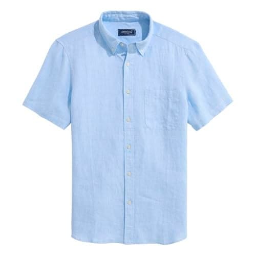 vineyard vines Men's Surfside Solid Linen Short Sleeve Shirt, Jake Blue