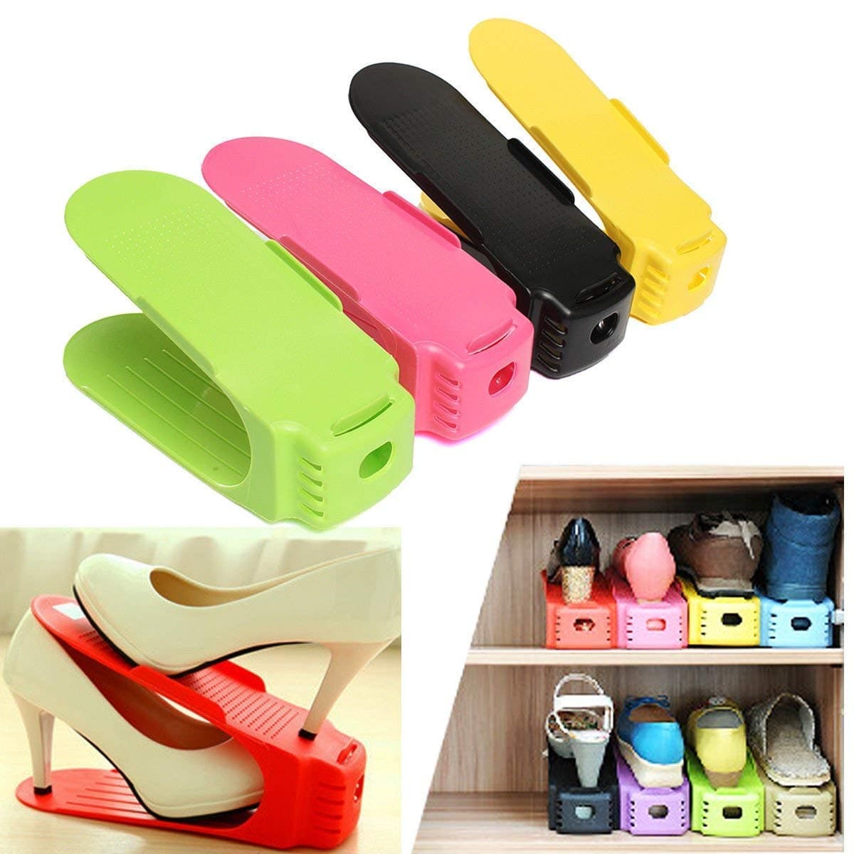 2V BROTHERS 4pcs Shoe Rack Storage Organizer For Closet Adjustable Heights Space Saver Slot Large Ventilated Base Stacker Shoes Holder High Heels Secure Docking and Backstop 4