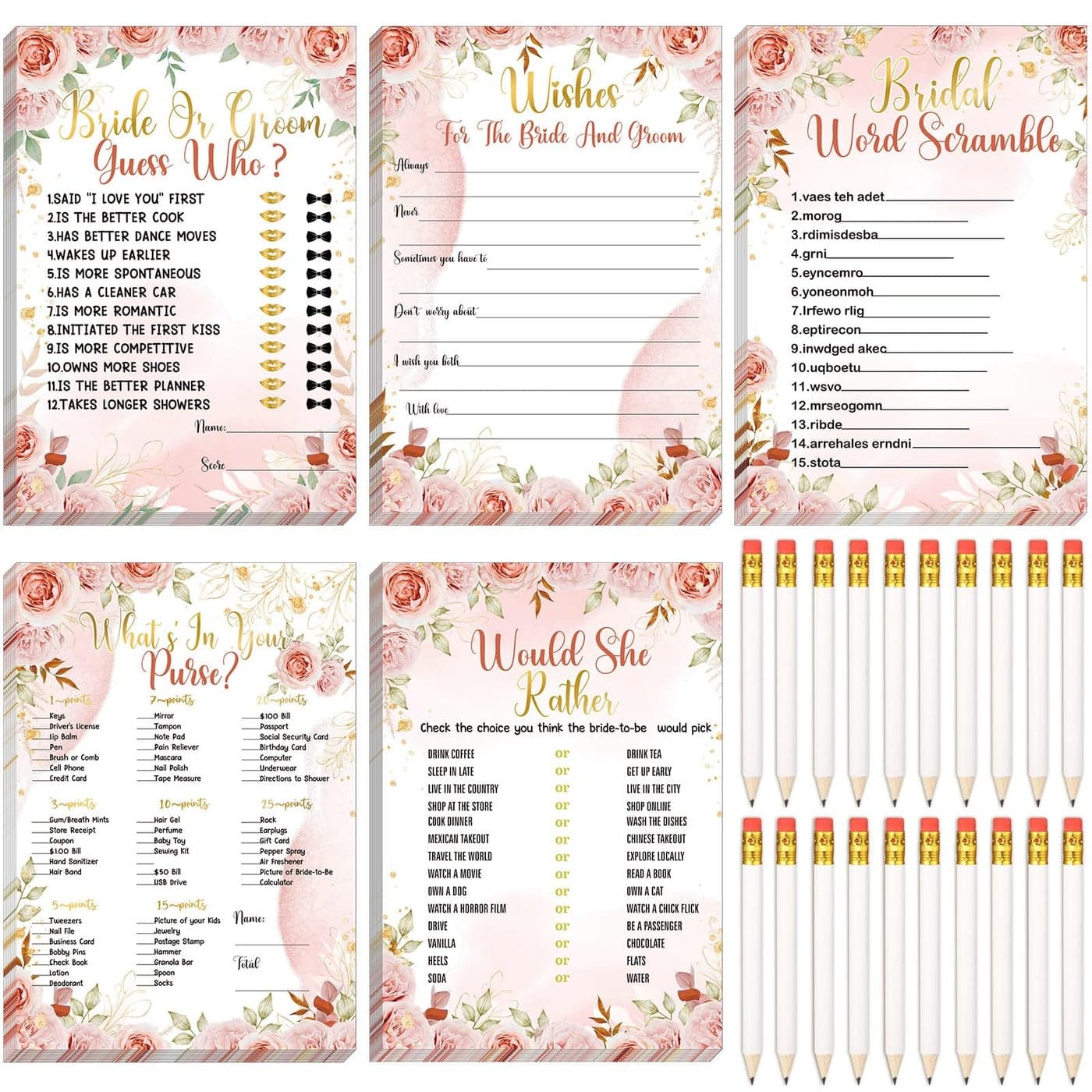 Teling 145 Pieces Bridal Shower Game Bridal Shower Favors Set Wedding Games Cards and Pencils for Bride Groom Bachelorette Party Wedding Party FavorPink Floral