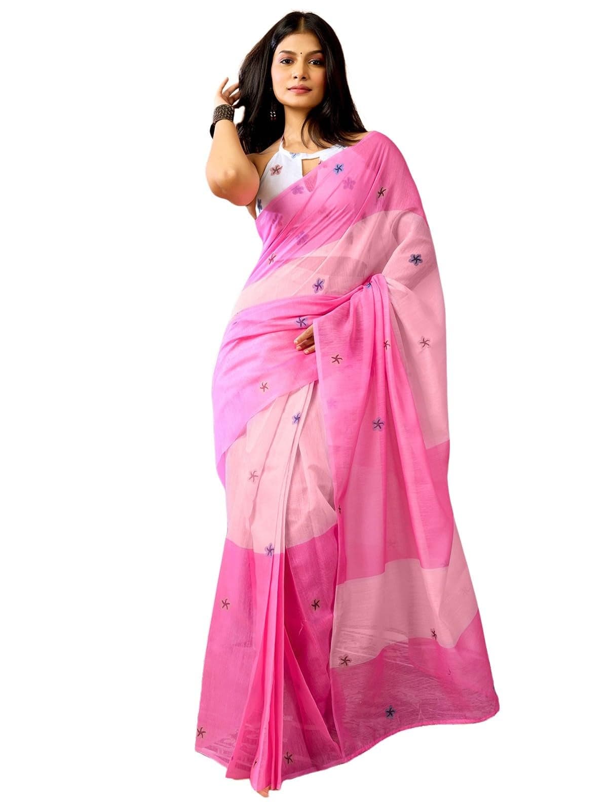 Satrani Women's Chanderi Cotton Printed Ready To Wear Saree with Unstitched Blouse Piece (43RS393_Pink2)