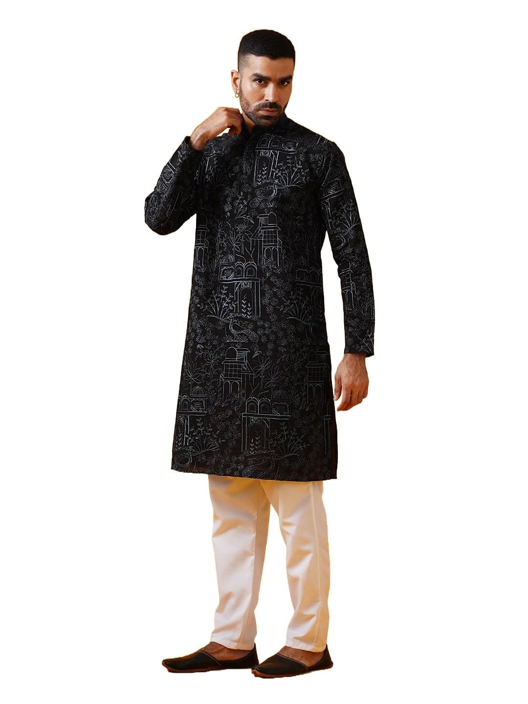 SOJANYA (Since 1958 Men's Cotton Silk Kantha Thread Embroidered Black Kurta with White Pyjama
