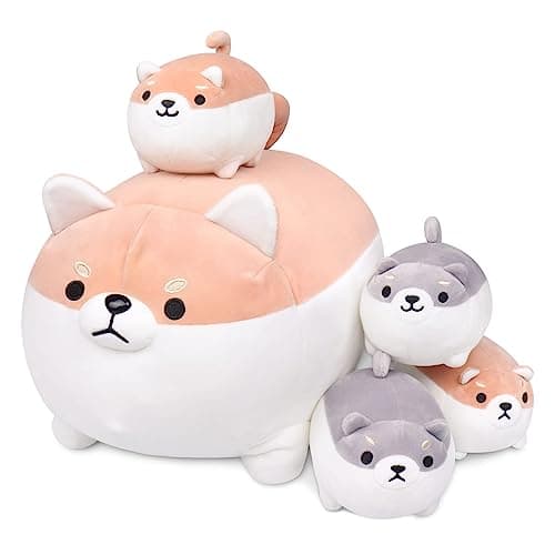 Shiba Inu Plush 5 PCS Shiba Inu Stuffed Animal Family 16 Corgi Plushie Cute Soft Plushies Pillow Toy Anime Kawaii Plush Soft Corgi PillowDog Mommy with 4 Puppies Toy Gifts for Boys Girls