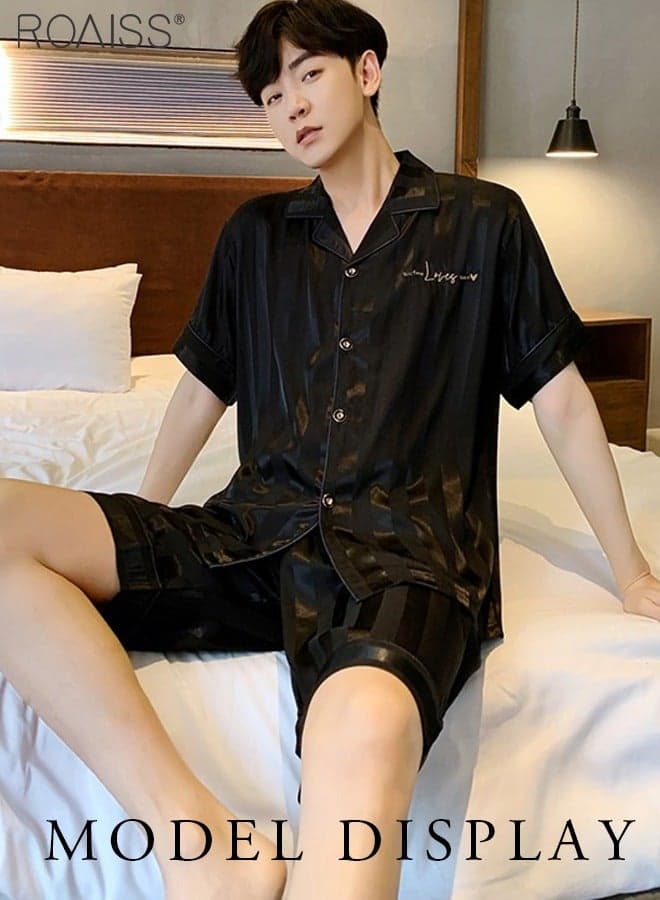 2 Piece Summer Pajamas Outfit for Men, Soft Striped Loungewear Set with Button Down Notch Collar Top and Elastic Waist Shorts, Perfect for Sleeping or Lounging Around Your House