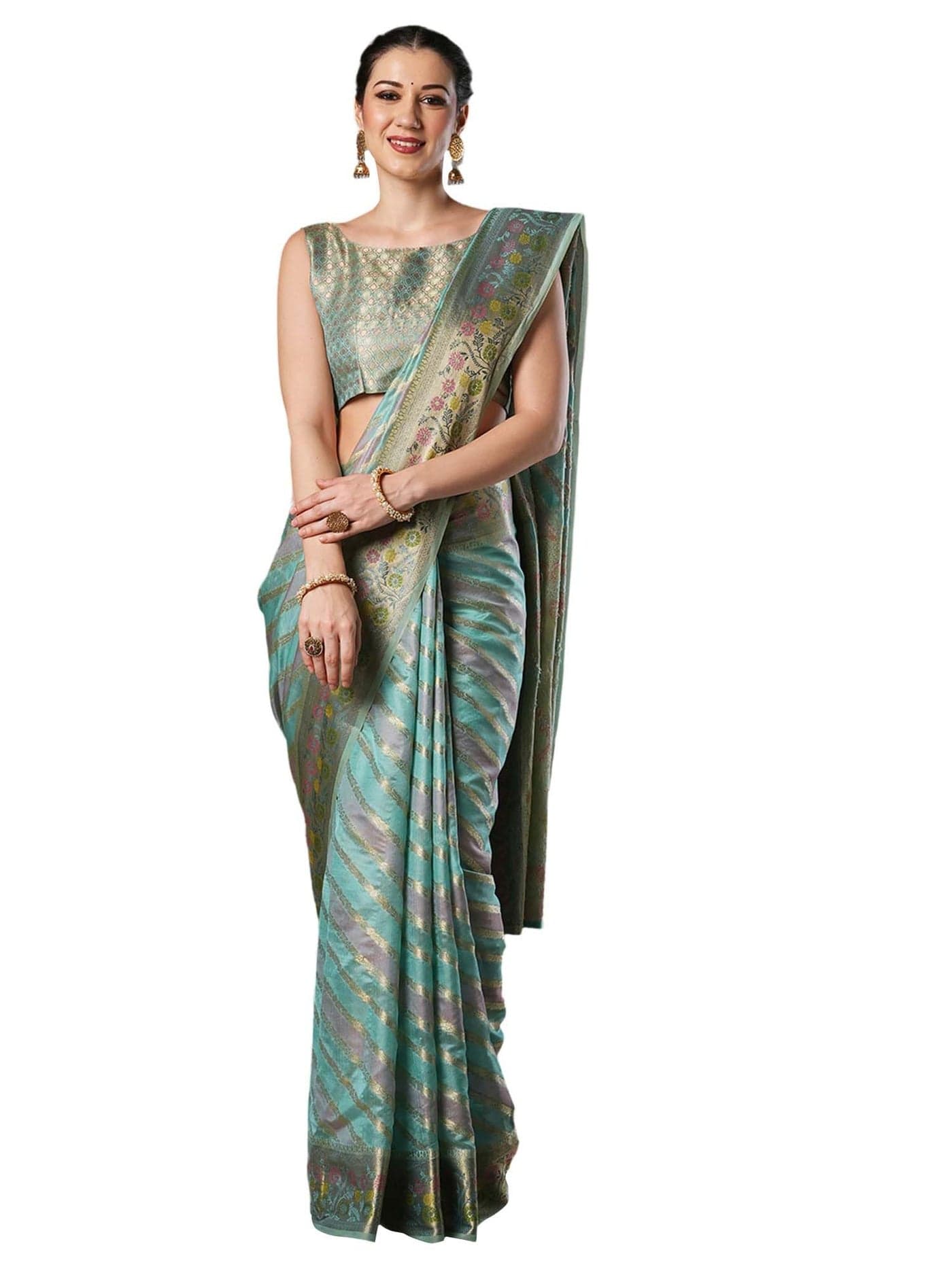 SAREE MALL Women's Light Blue Organza Ethnic Motif Printed Saree With Unstitched Blouse Piece (UNATI1201_AC)