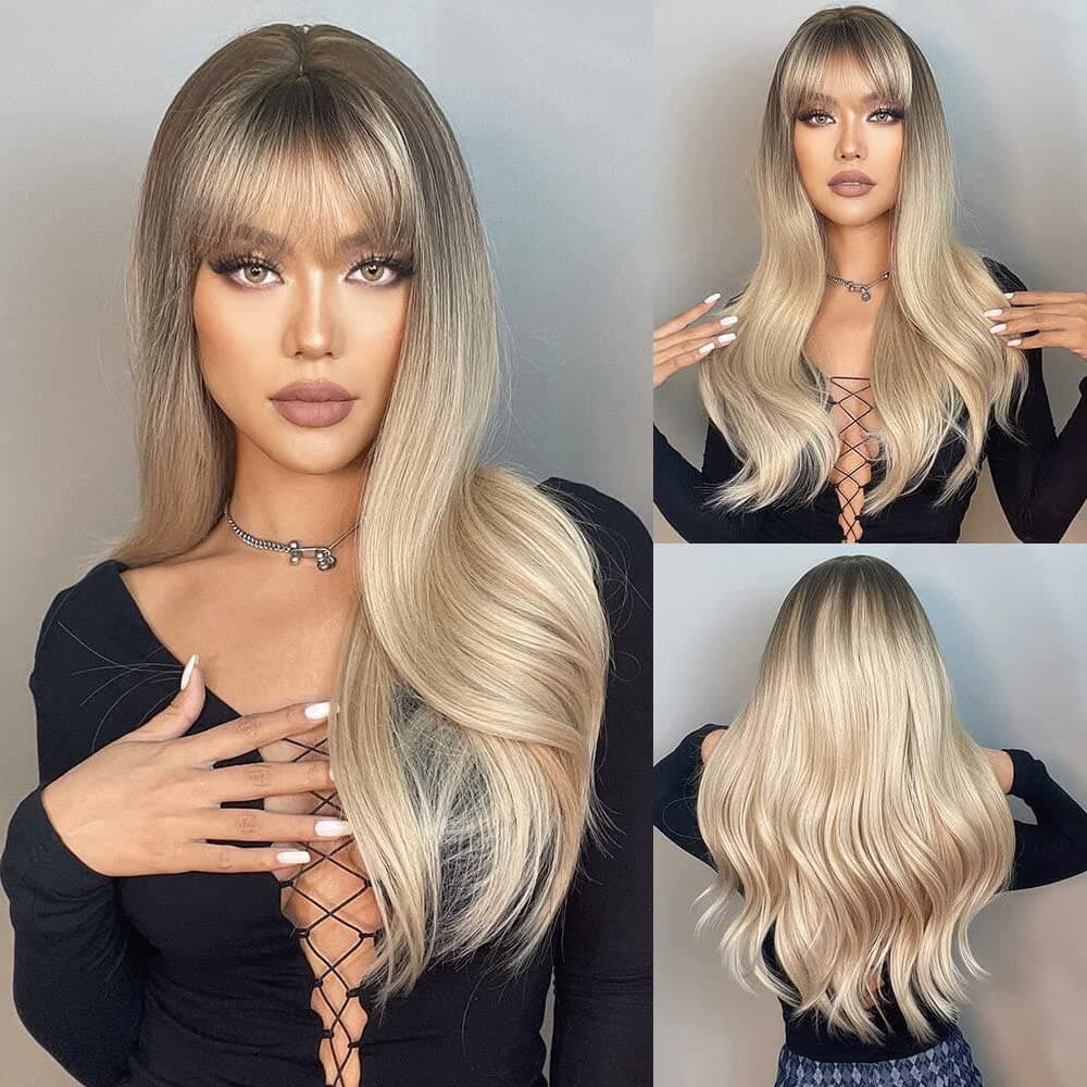 HAIRCUBE Long Wave Blonde Wig with BangsOmbre Blonde Wigs for Women Heat Resistant Fiber Synthetic Wigs for Daily Use