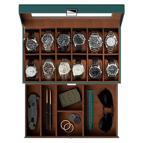 ProCase Watch Box for Men, 12 Slot Mens Watch Case With Drawer, Watch Display Case With Glass Lid, 2-Layer Watch Holder Organizer, Jewelry and Watch Storage for Men Women -12Slot, MidnightGreen