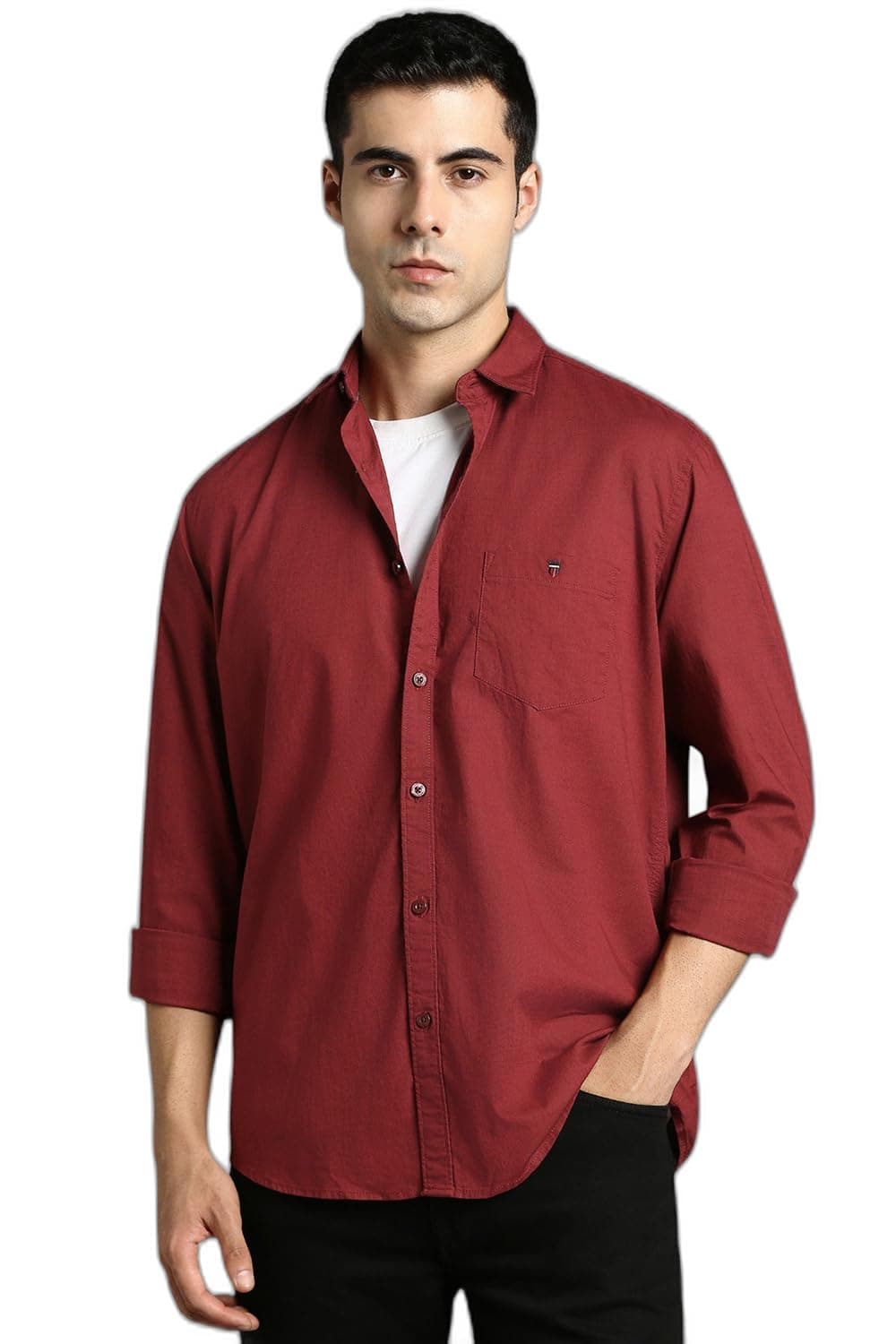 Louis Philippe Men Maroon Solid Full Sleeves Casual Shirt
