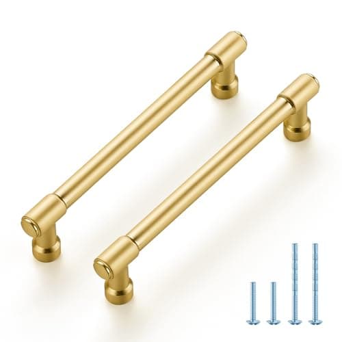 JOY DECOR 2 Pack 5 Inch Brushed Gold Cabinet Handles Modern Dresser Drawer Pulls Kitchen Cabinet Hardware for Cupboard Door Handles