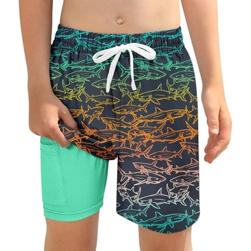 Shark Swim Trunks Boys Size 12 14 16 Youth Boy Bathing Suit with Compression Liner Teen Kids Hawaiian Swimsuit Board Short Swimwear