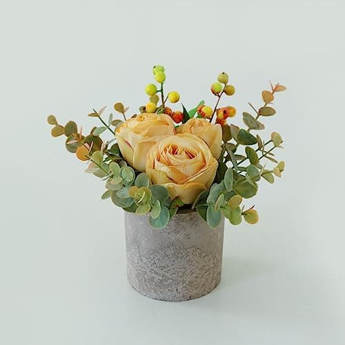 Rosscer Small Artificial Burnt Yellow Rose Potted Plant, 6" Fake Silk Flowers in 3" Cylindrical Pot, Mini Faux Floral Arrangement for Desk Shelf Bathroom Decor