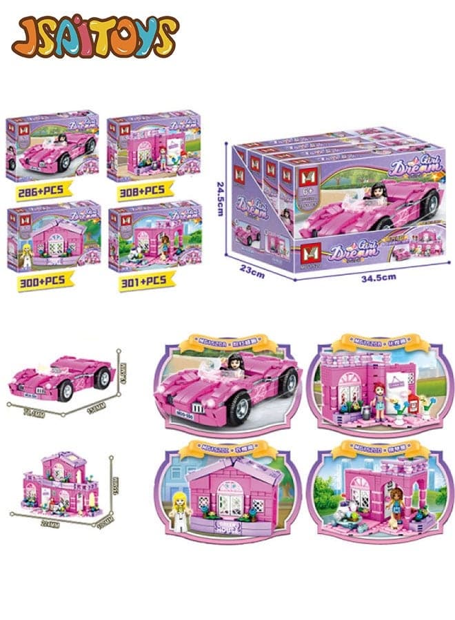 4-in-1 Pink Villa & Sports Car Building Blocks Set, Collectible Combineable House Vehicle Toy with Mini Figures, Creative Gift for Girls Ages 6+