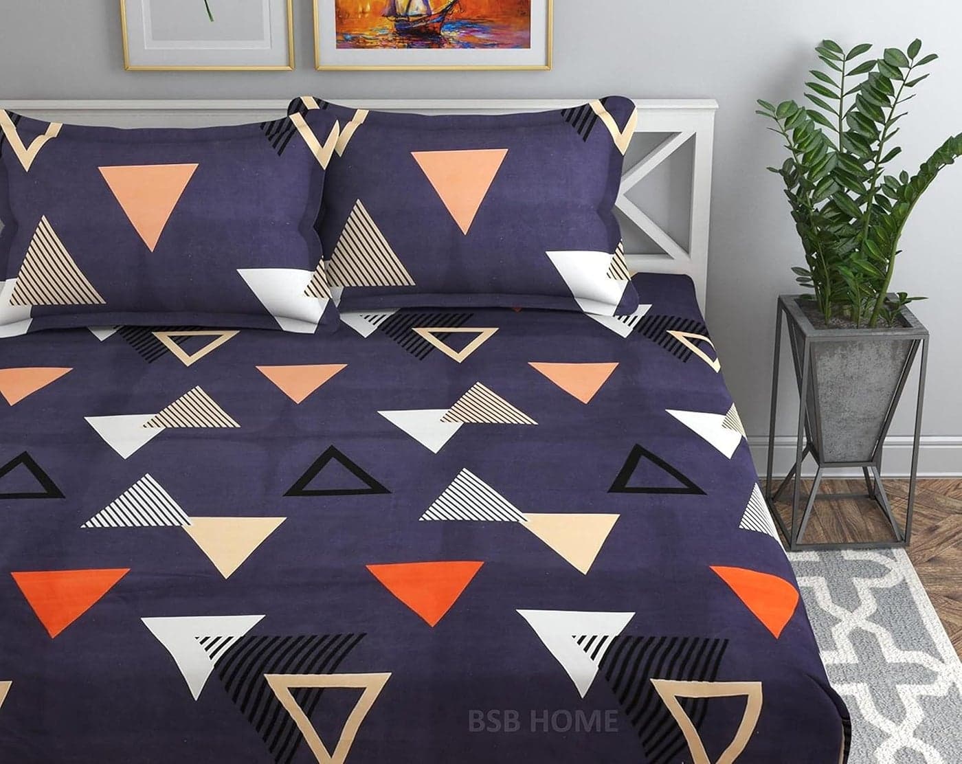 BSB HOME Premium Cotton All Round Elastic Fitted Bedsheets for Double Bed with 2 King Size Pillow Covers 160 TC Supersoft Wrinkel Free Bed Cover Size 72x7810 inches Graphite Triangle
