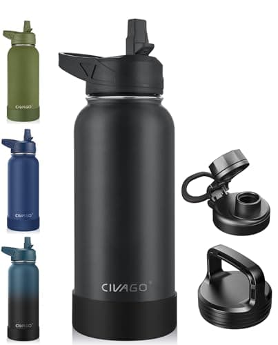 CIVAGO 32 oz Insulated Water Bottle With Straw Stainless Steel Sports Water Cup Flask with 3 Lids Straw Spout and Handle Lid Wide Mouth Travel Thermal Mug Black