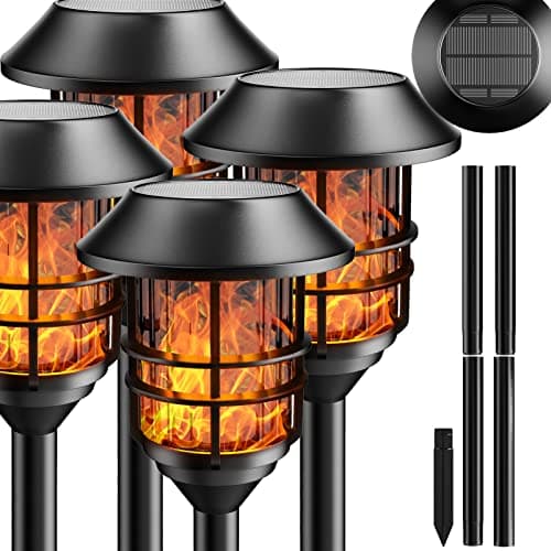 ZOOHAR Solar Outdoor Lights, Waterproof Pathway Torches, LED Metal Landscape Path Lights for Garden Patio Balcony & Pool (Pack of 4)