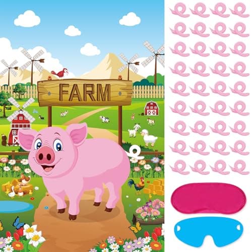 Hooqict Pin The Tail on The Pig Party Game Farm Birthday Party Games for Kids Farm Animal Party Decorations Pig Party Supplies Large Pin The Tail Game Poster with 36 Tail Stickers