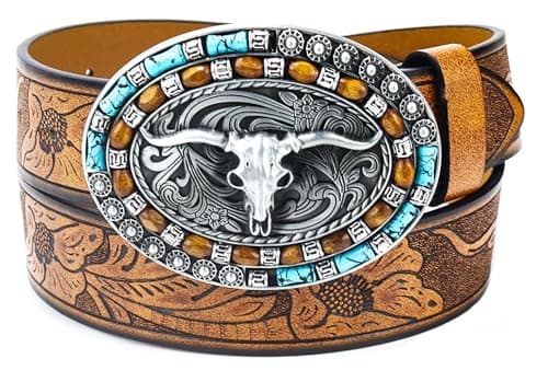 CaySep WesternCowgirlBelt for Women Men Turquoise Oval Buckle Embossed Cowboy Country Belt for Jeans Pants Dress