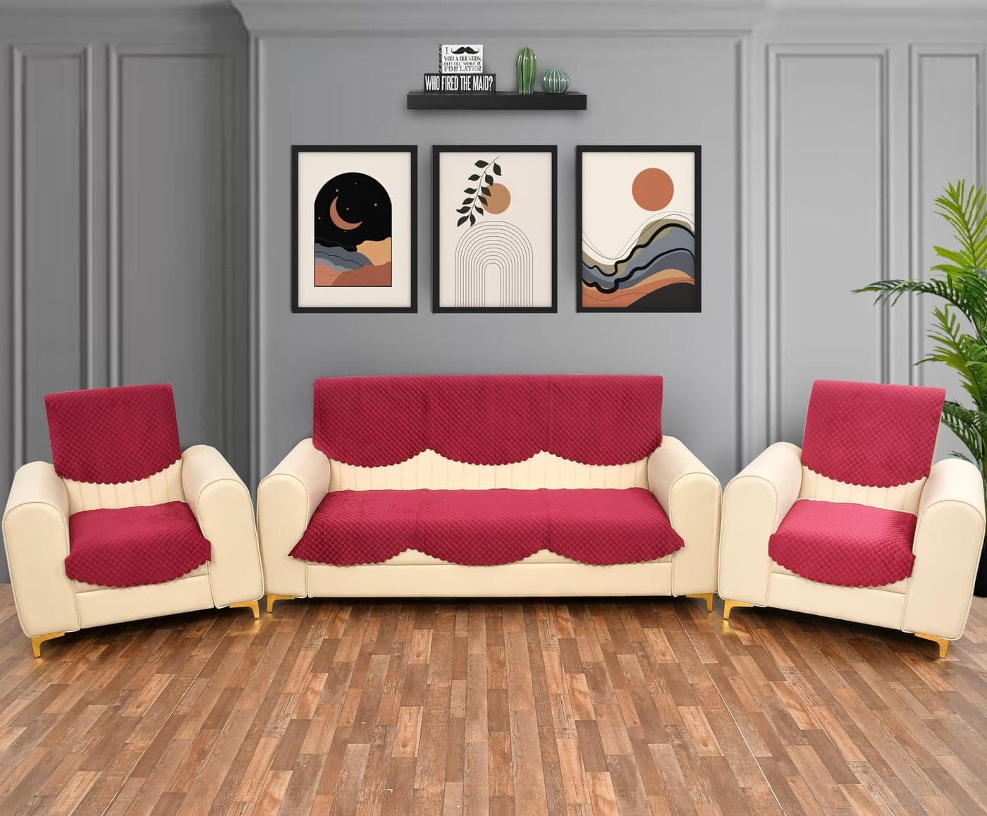 Yellow Weaves Velvet 5 Seater Self Design Quilted Sofa Cover and Chair Cover, Seat & Back Cover, Color - Cardinal Red