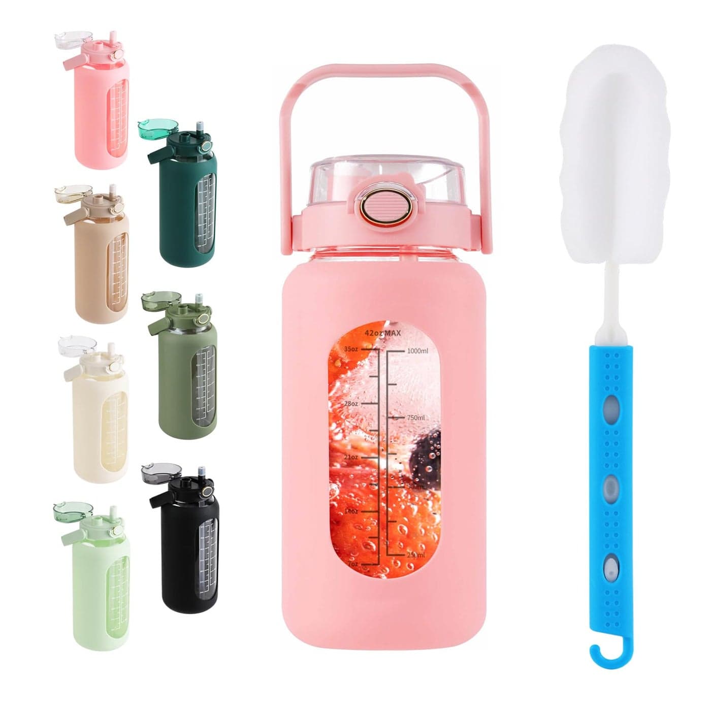 SIEROZUR 42oz Glass Water Bottle with Straw and Handle Lid Half Gallon Motivational Glass Bottle with Silicone Sleeve and Time Marker Large Reusable Sports Water Jug for Gym Home Workout
