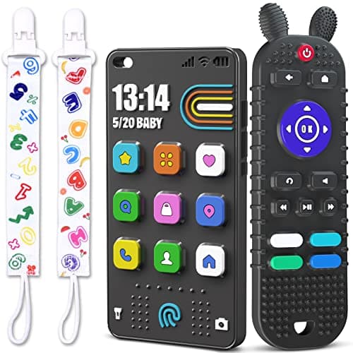 Kaodezhu TV Remote Control Shape Baby Teething Toys and Phone Shape Teether Toys for Babies 612 Months Soft Flexible Silicone Chew Toys for Baby Black