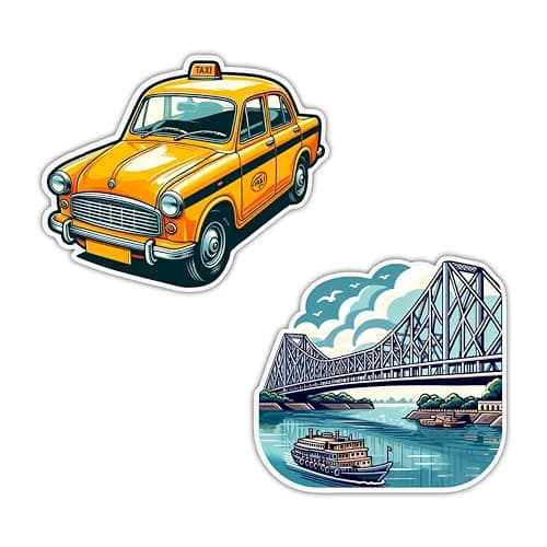magneverse Howrah Bridge & Yellow Taxi Kolkata Fridge Magnet Set - Premium Acrylic Magnets for Kitchen & Home Decor (Set of 2 Kolkata Magnet for Fridge)