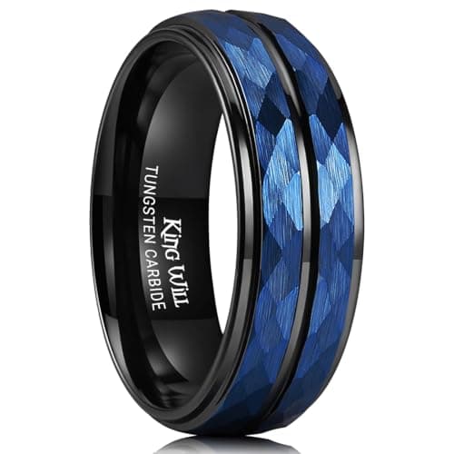 King Will Mens Wedding Rings Hammered Tugnsten Wedding Band for Men 8mm Blue & Black Two Tone Groove Center Domed Matte Brushed Engagement Ring Craftsman Collection Size 13