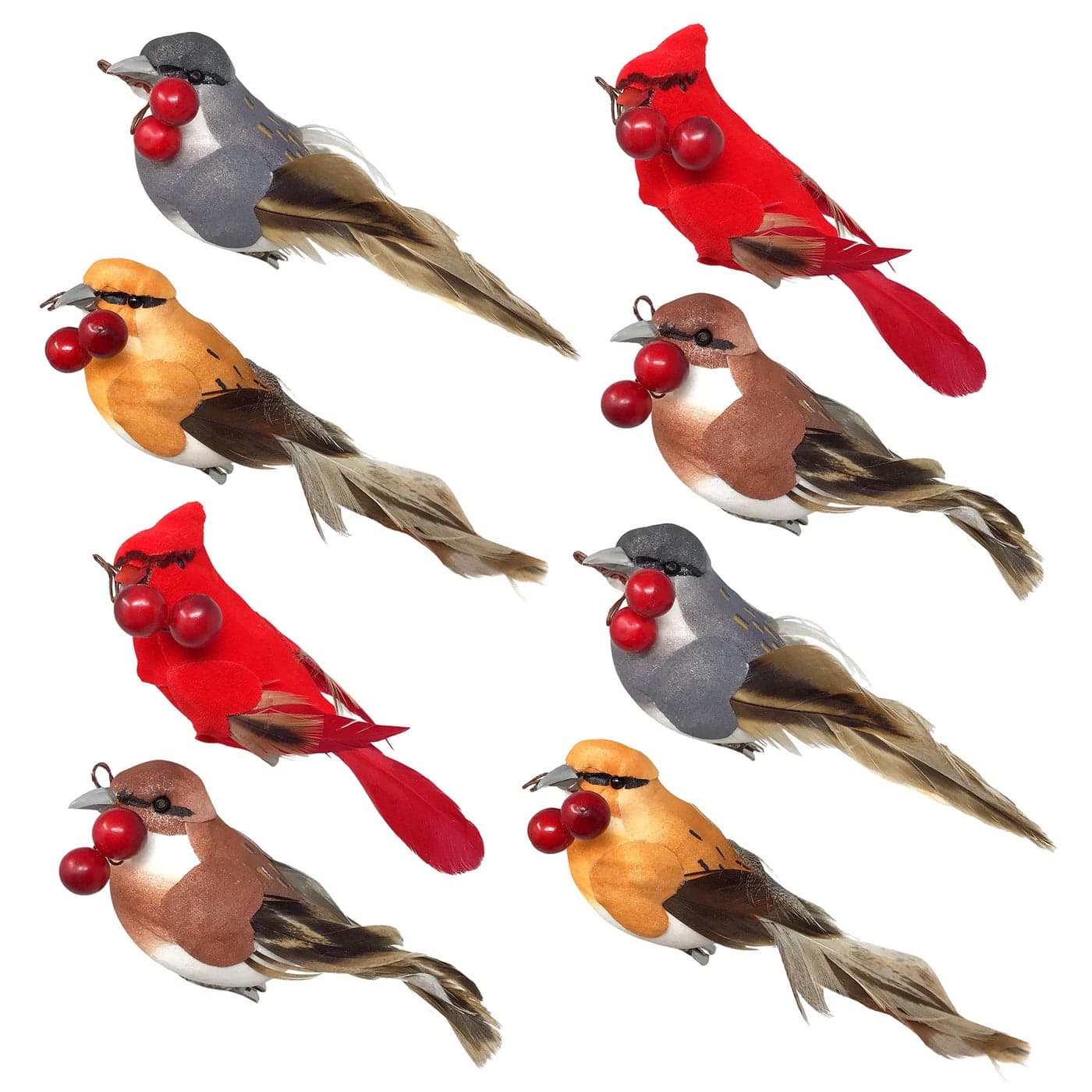 BANBERRY DESIGNS Feathered Song Bird ClipOn Ornaments Set of 8 Assorted Styles of Birds with Metal Clips Cardinals Orioles Finches and Chickadees Carrying Red Berries Measures 4 W