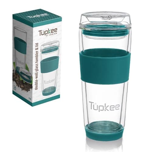 Tupkee Double Wall Glass Tumbler - 14-Ounce, All Glass Reusable Insulated Tea/Coffee Mug & Lid, Hand Blown Travel Mug - Cyan