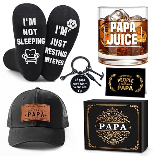 Papa Gifts from Grandkids Papa Birthday Gifts for Men Happy Birthday Gift Ideas for Best Papas from Grandson Granddaughter Grandchildren Funny Gift Set for Christmas, Fathers Day with Hat, Wine Glass