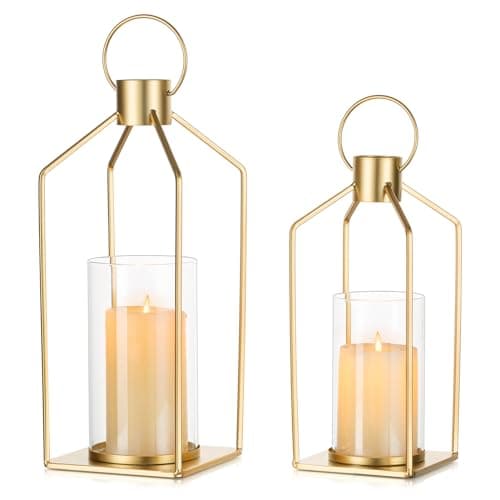 NUPTIO Gold Lanterns Decorative Indoor Set of 2 Hanging Metal Pillar Candle Lantern with Bottomless Hurricane Glass for Wedding Home Front Porch Outdoor Fireplace Christmas Table Centerpiece