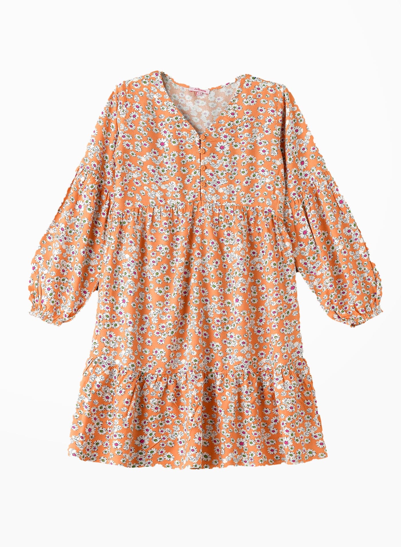 Girls Orange Floral Dress with puff/balloon Sleeves