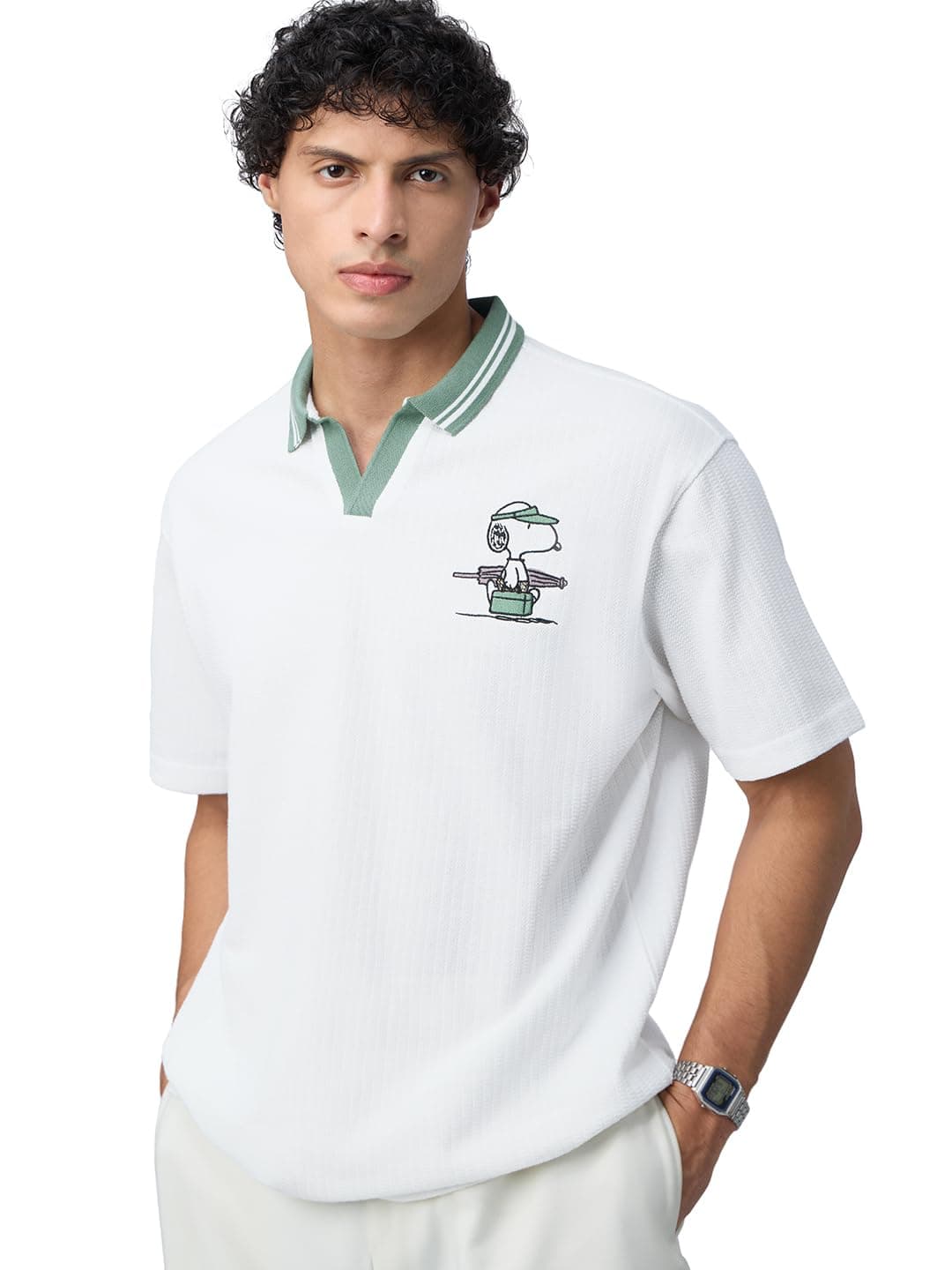 The Souled Store Peanuts: Snoopy Men and Boys Short Sleeves Collared Neck Embroidery Cotton Blend Oversized Polos