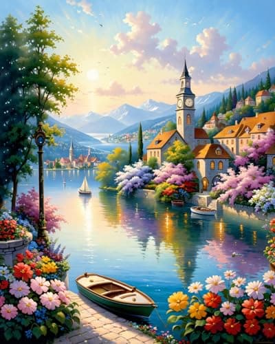 Paint by Numbers Kit for Adults BeginnerScenery Paint by Numbers Coastal Town DIY Oil Painting Adult Paint by Number Kits on Canvas Without Frame Paint by Number on Canvas for Gift Home Wall Decor