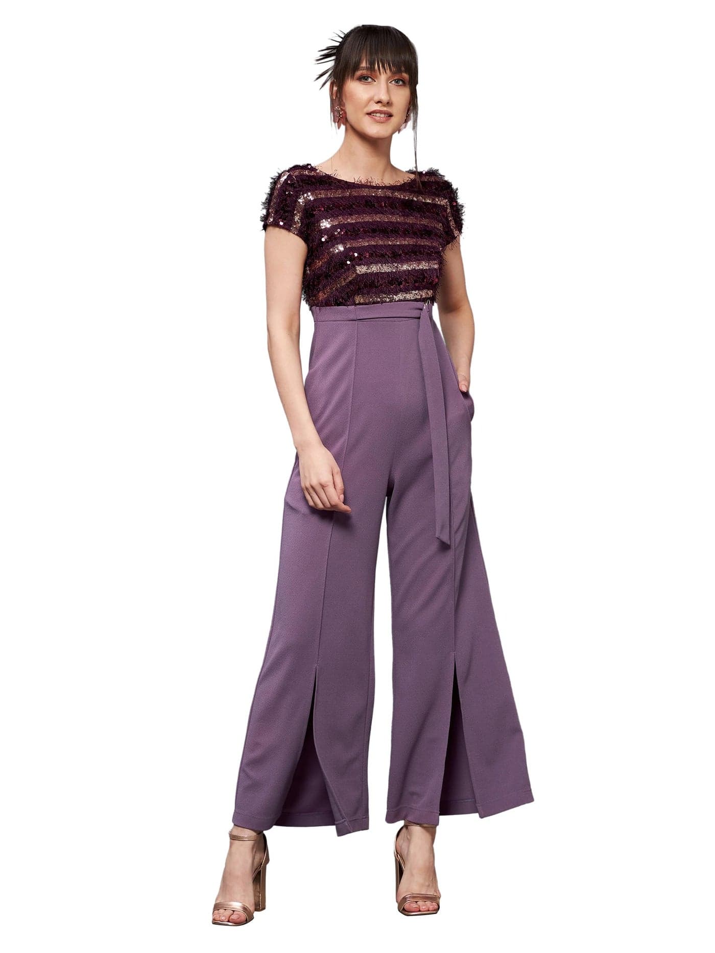 Miss Chase Women's Round Neck Short Sleeve Embellished Front Slit Fringed Regular Jumpsuit with Pockets (MCAW21D04-97-70-04, Purple, M)