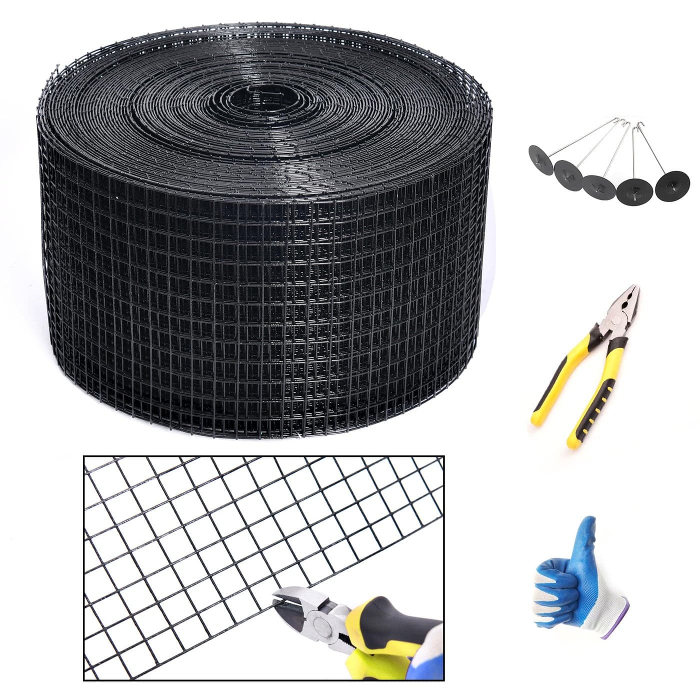 YESON Solar Panel Guard 8in X 100ft PVC Coated Critter Guard Roll Kit for Solar Panel Wire Screen Black Pigeon Barrier Netting with 120 Fastener Clips Cutting Scissor Gloves