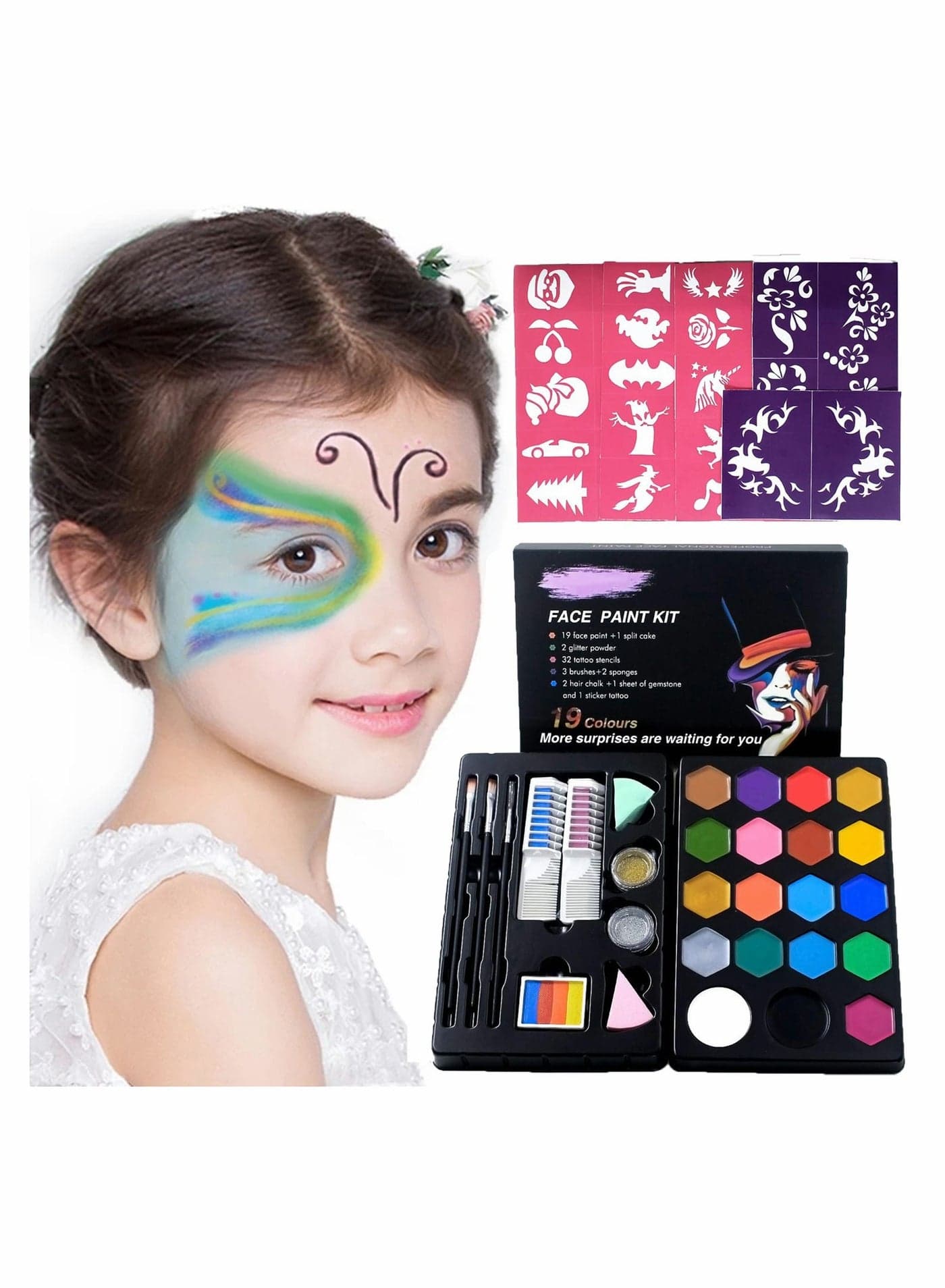 19-Color Washable Face Paint Kit Multicolour with 32 Stencil Stickers, Festivals Makeup Kit, Professional Face Paint Palette, Face Paints Safe for Birthday Party Cosplay